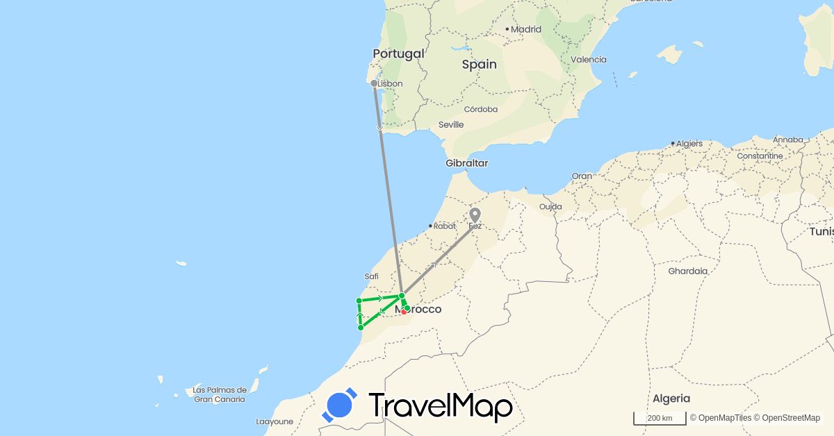 TravelMap itinerary: bus, plane, train, hiking in Morocco, Portugal (Africa, Europe)